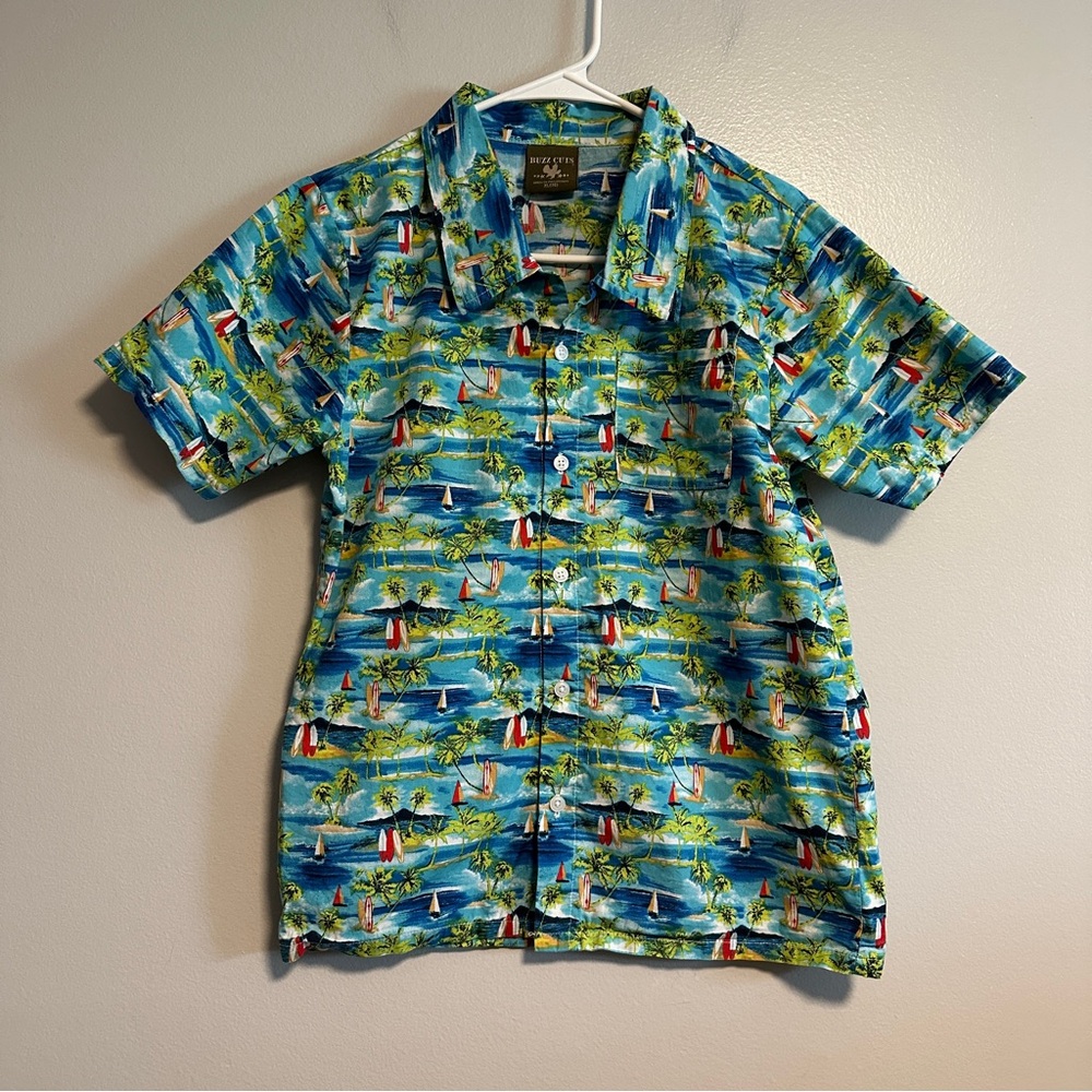 Buzz Cuts Novelty Tropical Surf Boards Palm Tree Print Shirt Size 18 Boys